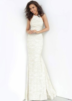 Jovani White Gold Glitter Jersey Dress - 00688