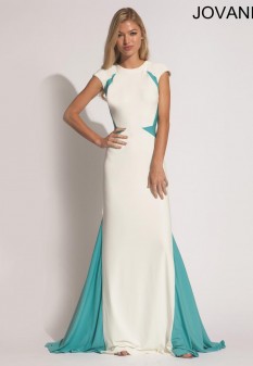 White and Turquoise Jersey Jovani Gown
