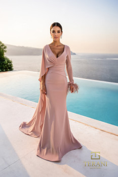  Asymmetric Chiffon Sheath Gown with Train and Long Sleeves - 261M6403