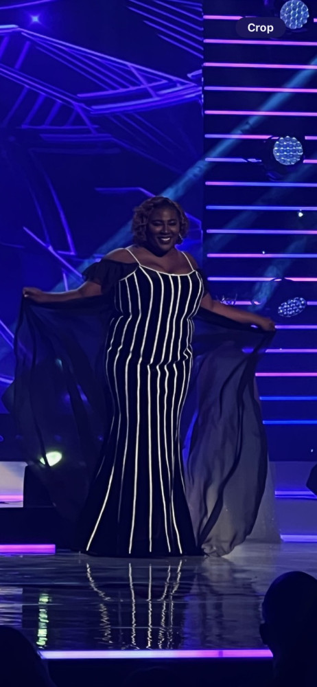 Pinstriped evening gown