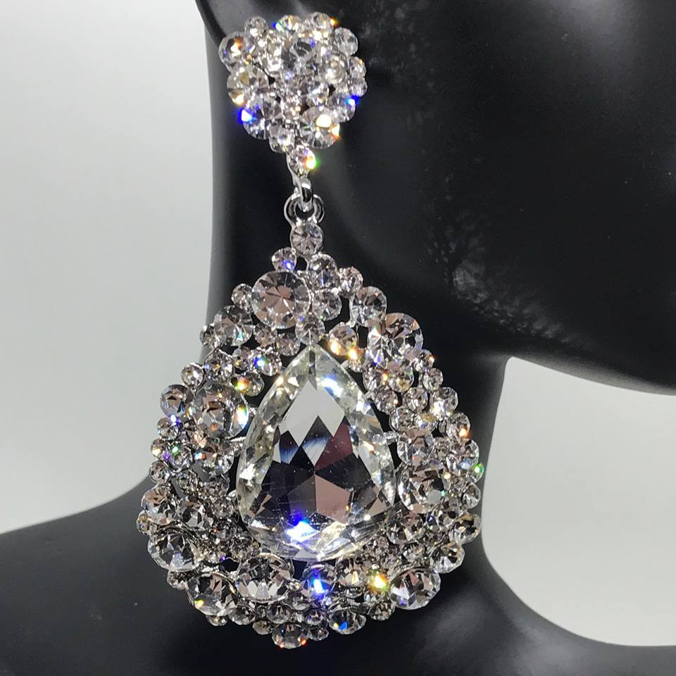 Large Crystal Earrings on Silver | Pageant Chunky Earrings