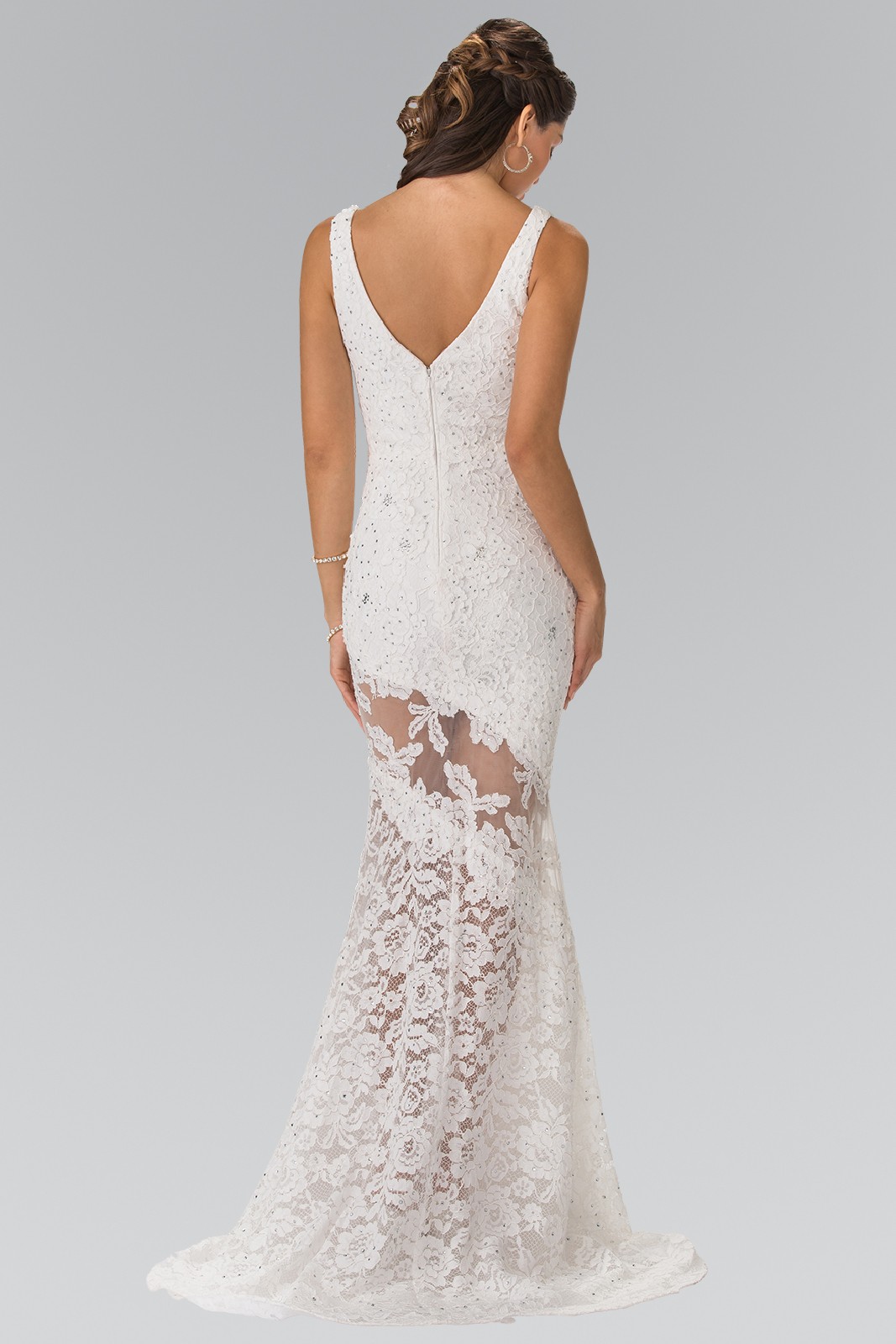 Illusion Cut-Out Lace Long Dress in Ivory - Pageant Planet