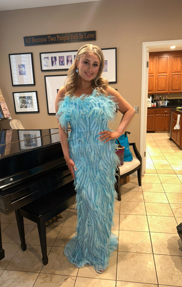 Ashley Lauren Designer Prom/Pageant Dress – Size 12, Sky , Feather Sheath Evening Gown