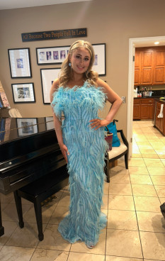  Ashley Lauren Designer Prom/Pageant Dress – Size 12, Sky , Feather Sheath Evening Gown