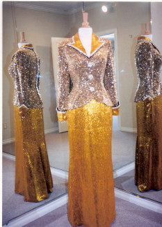 Beaded Long Sleeve Tuxedo Evening Gown