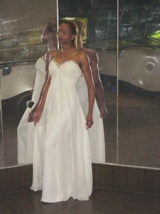 Strapless empire waist chiffon evening gown