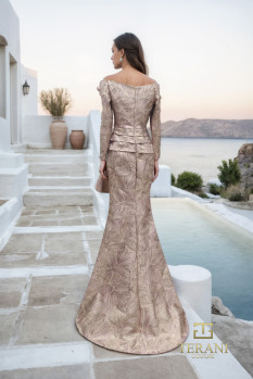 Off-Shoulder Jacquard Trumpet Gown with Long Sleeves - 261M6448