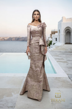  Off-Shoulder Jacquard Trumpet Gown with Long Sleeves - 261M6448