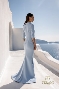 High Boat Neck Crepe Sheath Gown with 3/4 Sleeves - 261E6701