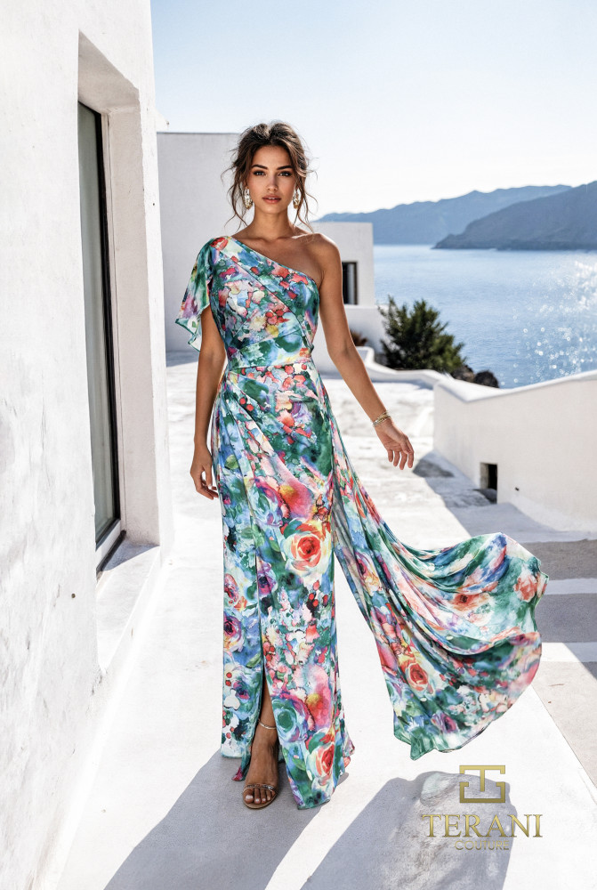One-Shoulder Printed Chiffon Column Gown with Flutter Sleeve and Slit - 261E6646