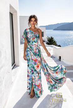  One-Shoulder Printed Chiffon Column Gown with Flutter Sleeve and Slit - 261E6646