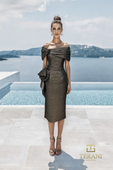 Off-Shoulder Metallic Jacquard Sheath Gown with Slit - 261C6523
