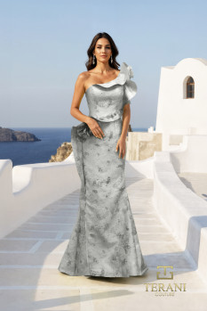 Ruffled One-Shoulder Jacquard Mermaid Gown with Slit - 261E6678