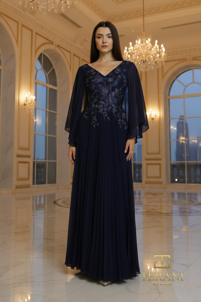 Off-Shoulder Jacquard Sheath Gown with Cape Sleeves - 261M6681
