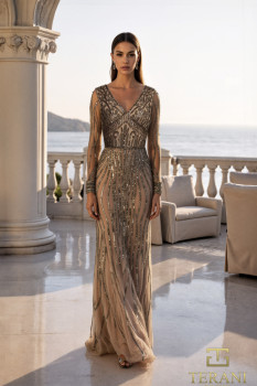  V-Neck Beaded Tulle Sheath Gown with Long Sleeves - 261M6727
