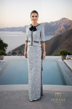  Round Neck Tweed Mock 2-Piece Gown with 3/4 Sleeves and Slit - 261M6477