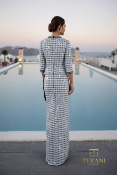 Round Neck Tweed Mock 2-Piece Gown with 3/4 Sleeves and Slit - 261M6477