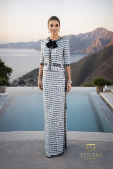Round Neck Tweed Mock 2-Piece Gown with 3/4 Sleeves and Slit - 261M6477