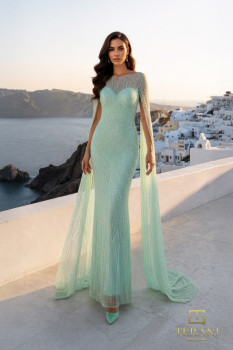  Illusion Neck Beaded Tulle Column Gown with Sheer Cape Sleeves - 261M6471