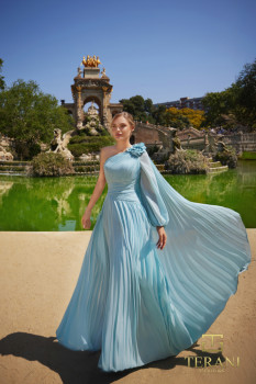  One-Shoulder Chiffon A-Line Gown with Long Sleeve - 261E6206