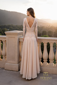 Boat Neck Chiffon & Embroidered A-Line Gown with Long Sleeves - 261M6439