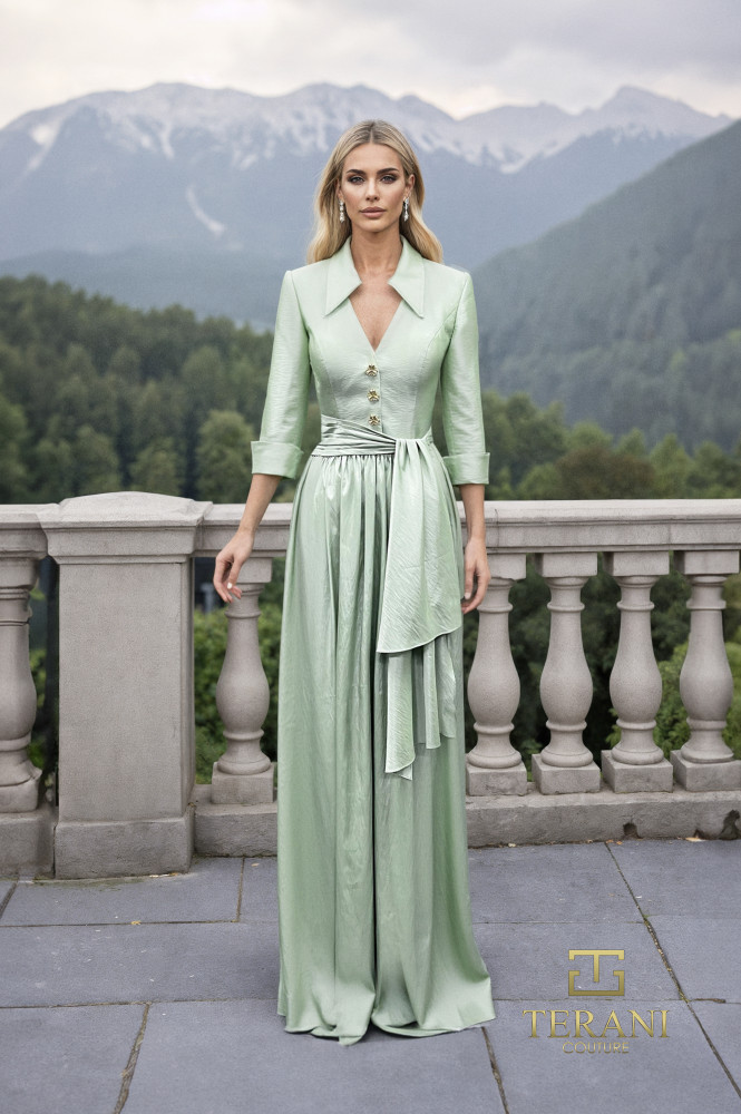 Collared Deep V Matte Tafetta A-Line Gown with 3/4 Sleeves - 261M6418