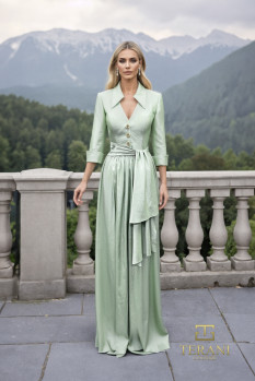 Collared Deep V Matte Tafetta A-Line Gown with 3/4 Sleeves - 261M6418