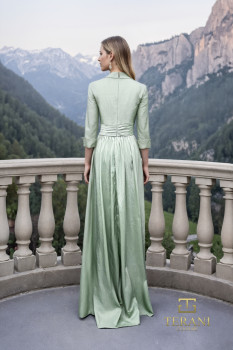 Collared Deep V Matte Tafetta A-Line Gown with 3/4 Sleeves - 261M6418