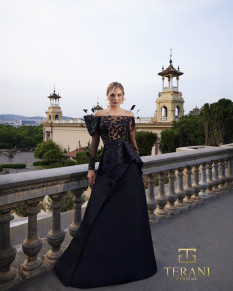 Illusion Neck Mikado & Beaded Tulle A-Line Gown with Long Off-Shoulder Sleeves - 261M6410