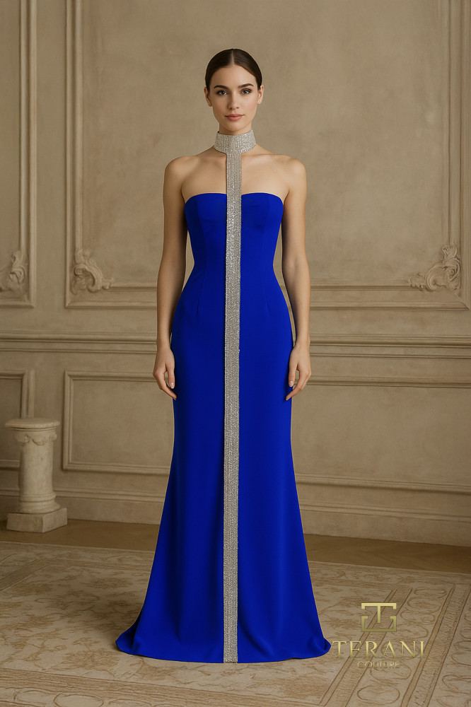 Strapless Scuba Sheath Gown with Slit - 261E6119