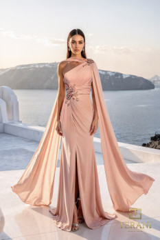 One-Shoulder Chiffon Column Gown with Cape Sleeve and Slit - 261E6205