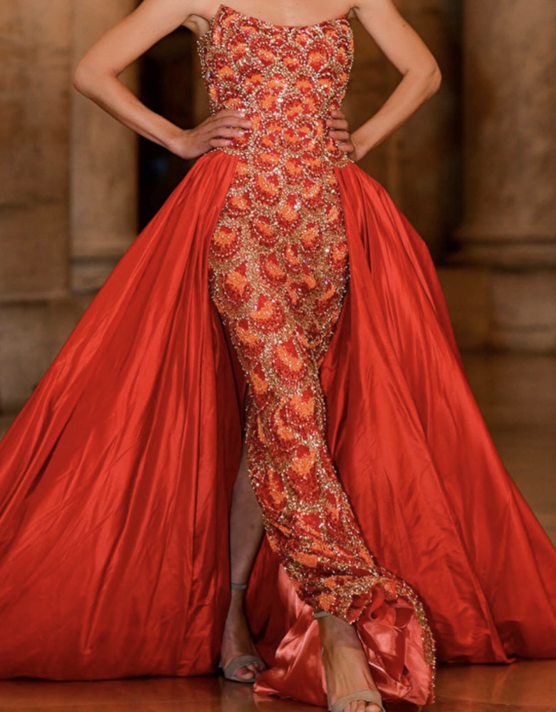 Red and orange couture pageant dress