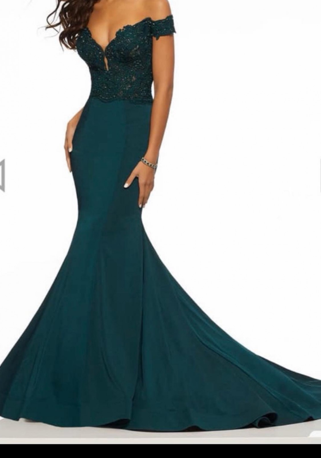 Green off the shoulder dress by Mori Lee