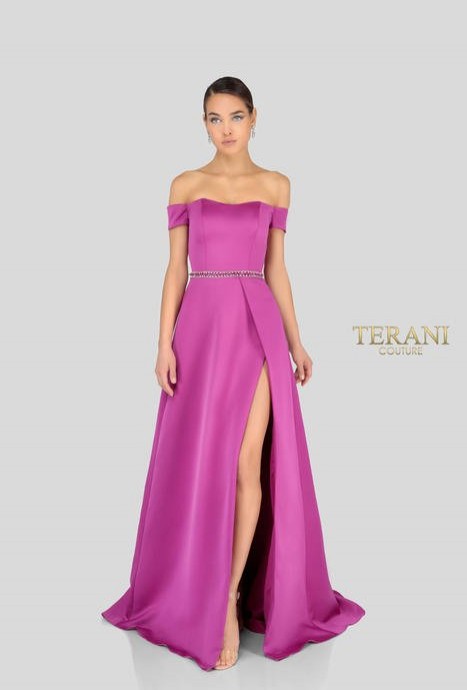 Fuschia off the shoulder gown by Terani Couture style 1911E9263