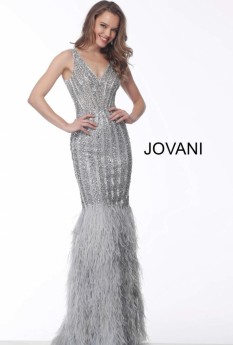  Jovani Silver Feather Bottom Fitted Evening Dress 66233