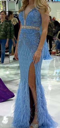 Light Blue Jovani Couture Embellished Mesh Dress