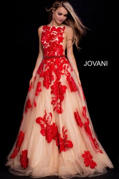  Jovani Nude Red Embellished Boat Neck 48320 (#24 in auction)