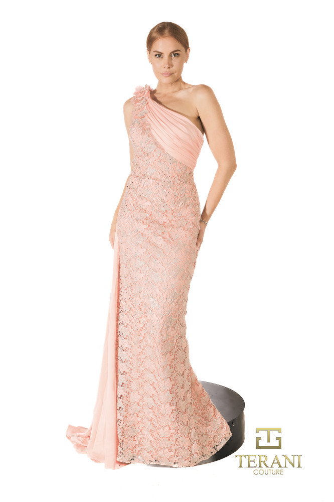 Grecian One-Shoulder Matte Satin & Lace Column Gown with Flare - 261E6257