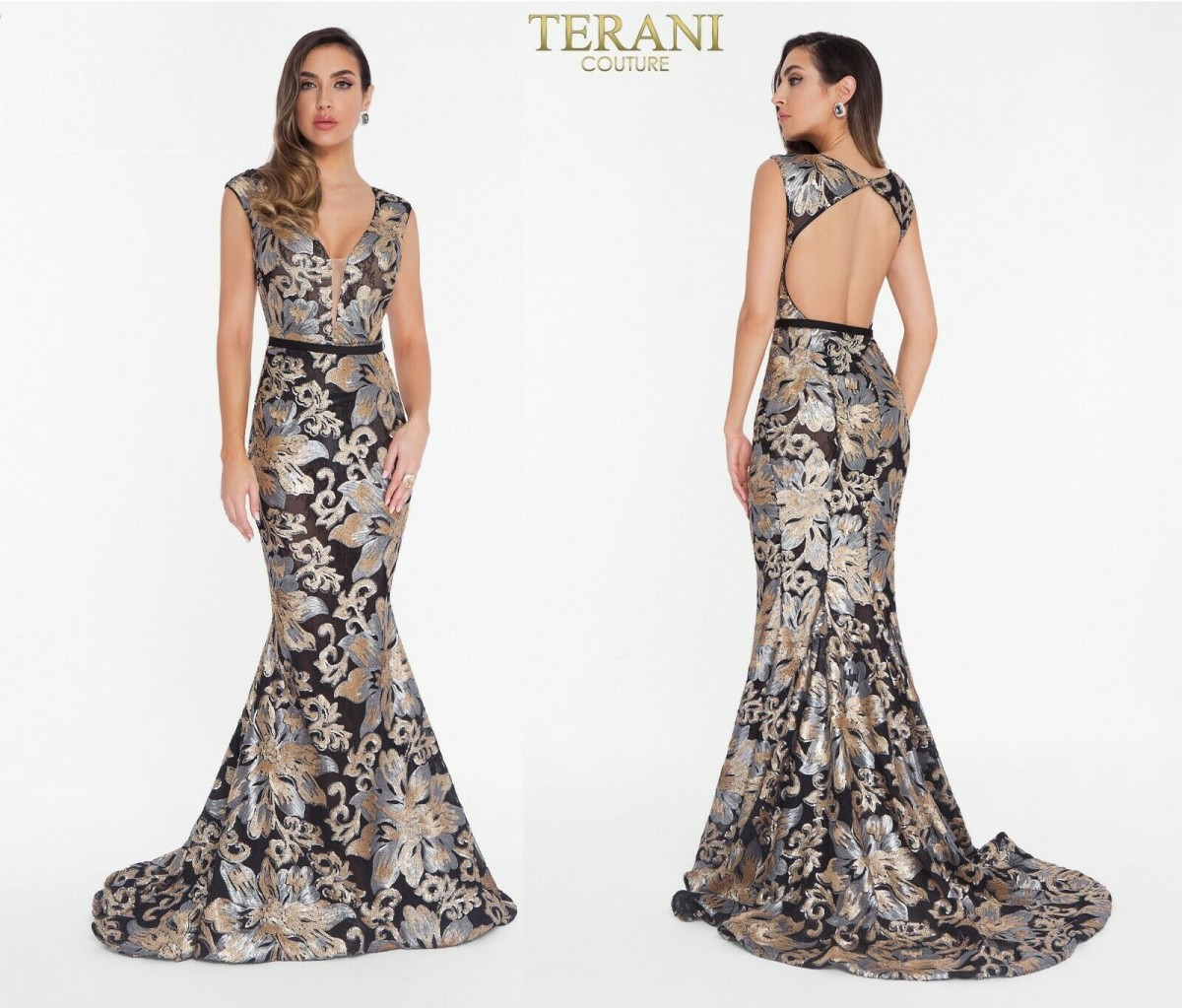 Terani Couture, Black/Gold Sequined Fitted Gown- 1823E7351