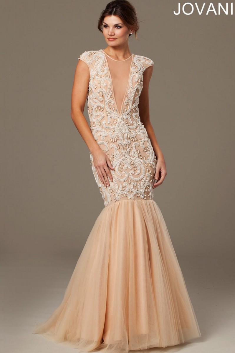 Jovani Nude Plunging Mermaid with Tulle and Pearl Bodice style - 20092A
