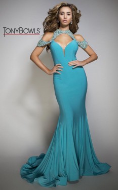  Tony Bowls Teal Beaded Cut Out Cold Shoulder Mermaid style - TB117270