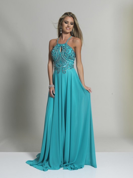 Dave & Johnny Turquoise Crepe Chiffon with Keyhole Beaded Top style - 2143