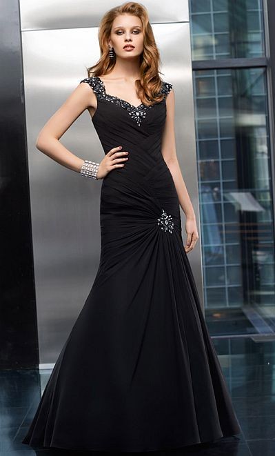 VM Collection Black Ruched Chiffon with Beaded Detailing style - 70601