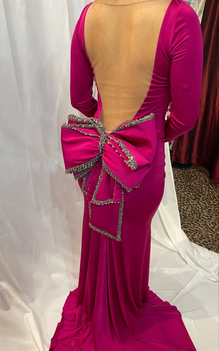 Tarik Ediz Magenta Stretch Jersey with Sheer Back and Bow Detail style - 92563