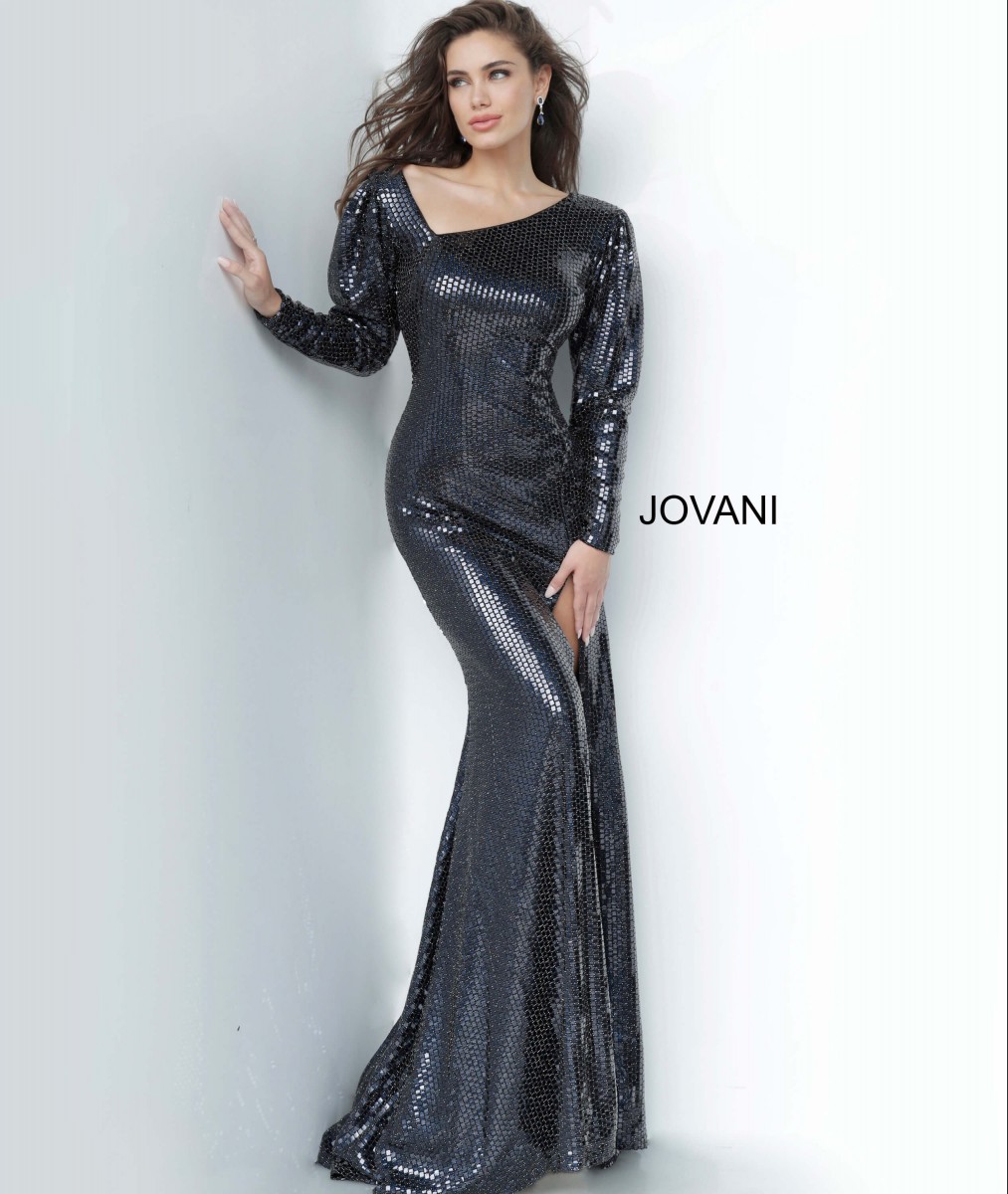 Jovani Black Tiled Long Sleeve with Asymmetrical Neckline style - 1712A