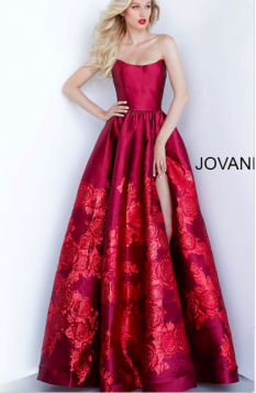 Jovani Red Strapless Floral Ballgown