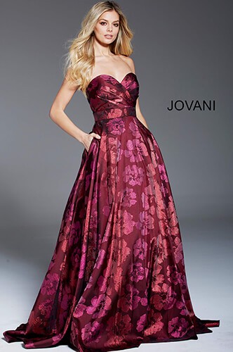 Jovani Wine Strapless Ball Gown with Tonal Floral Print