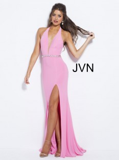  JVN Pink Halter with Beaded Belt and High Side Slit