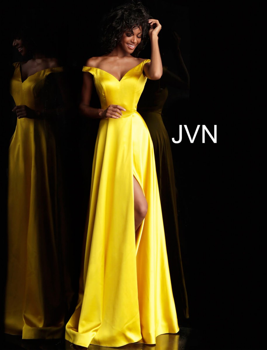 JVN Yellow Off The Shoulder Satin Gown
