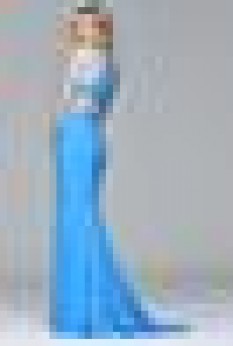 Faviana Sea Blue Halter Jersey Gown